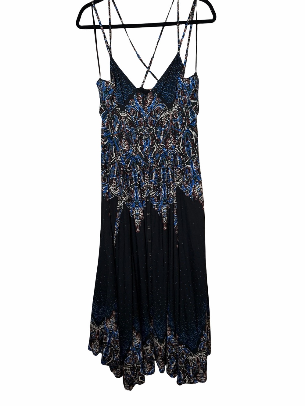 Free People Maxi Dress Blue Boho Paisley Criss Cross Back Large - Picture 2 of 12